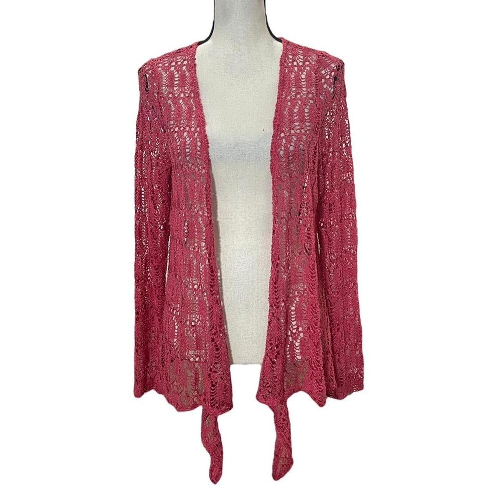 VTG 2000s Citiknits Deep Pink Sparkly Sequin Open Mesh Cascading Cardigan Top L